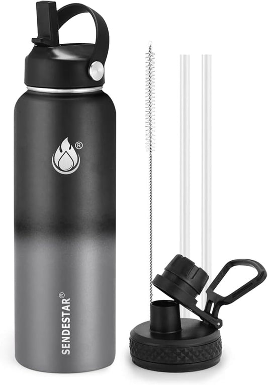 Insulated Water Bottle 40 oz with Straw, Stainless Steel Wide Mouth Water Bottle, Double Wall Vacuum Leak Proof with Straw Lid & Spout Lid for Sports or Office, Keep Cold or Hot Up to 24 Hrs