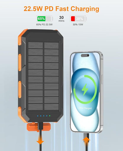 Solar Power Bank 38800mAh, Portable Charger, 4 Cables 4 Ports, PD22.5W Fast Charging External Battery Pack with USB C for Cell Phones, Solar Charger with Dual Flashlight, Perfect for Camping Travel