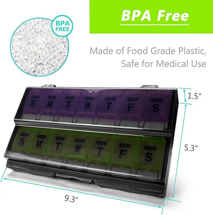 Extra Large Weekly Pill Organizer 2 Times a Day - Remtise Am/Pm Daily Pill Case Medicine Organizer, Push Button 7 Day Pill Box for Pills/Vitamin/Cod Liver Oil/Supplements (Purple & Green)