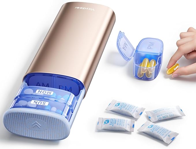 Vaydeer Large Weekly Pill Organizer 2 Times a Day,Metal 7 Day Travel Pill Box with Double Protection,AM PM Pill Case for for Medication, Vitamins, Fish Oils, Supplements(Champagne Gold)