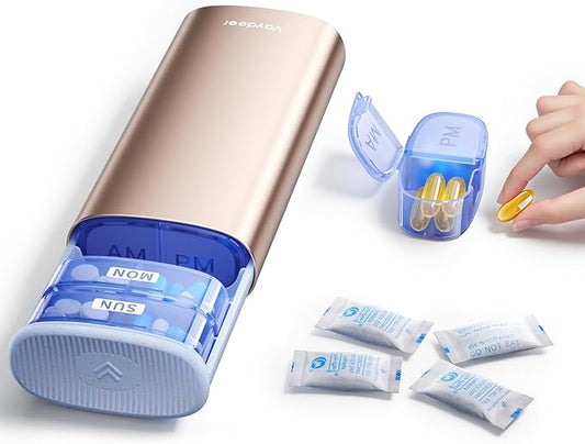 Vaydeer Large Weekly Pill Organizer 2 Times a Day,Metal 7 Day Travel Pill Box with Double Protection,AM PM Pill Case for for Medication, Vitamins, Fish Oils, Supplements(Champagne Gold)
