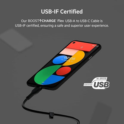 Belkin BoostCharge Flex Silicone USB-A to USB-C Cable (2M/6.6ft) for iPhone 16, iPhone 16 Pro, Galaxy S25, S24, Note, Pixel 9 & 8, Nintendo Switch 2, Carplay & More with Cable Clip - Black