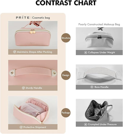 Prite Makeup Bag for Women Travel Waterproof Vegan Leather Cosmetic Bag Open Flat Toiletry Bag With Clear Divider and Handle (Large Pink)