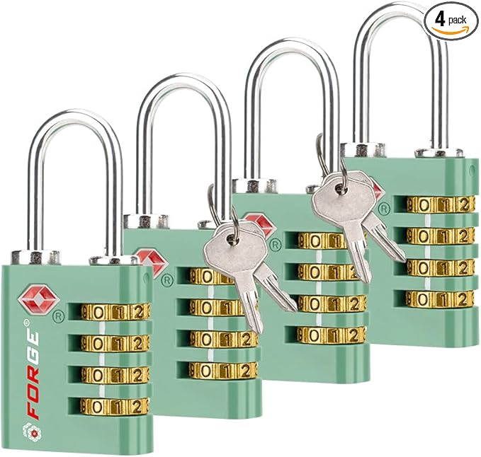 Forge Dual-Opening: Key or Combination Access Lock, TSA Approved Locks for Luggage, Pelican case, Travel, Gym, School, Stainless Steel Shackle. (Green, 4 Pk)