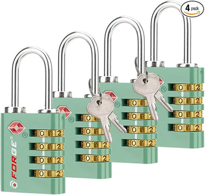 Forge Dual-Opening: Key or Combination Access Lock, TSA Approved Locks for Luggage, Pelican case, Travel, Gym, School, Stainless Steel Shackle. (Green, 4 Pk)