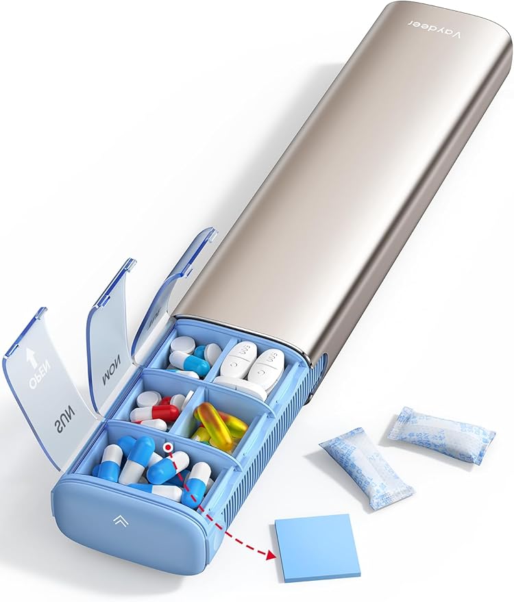 VAYDEER Metal Weekly Pill Organizer – Moisture-Proof Travel Pill Organizer with Built-in Desiccant Chamber and Airtight Lids – Large-Capacity Pill Box for Vitamins, Medicines & Supplements (Rose Gold)