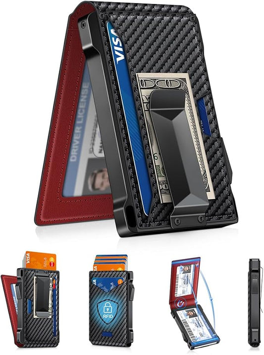 Wallet for Men RFID Wallet with 2 ID Windows & Money Clip, Slim Pop Up Card Holder for 10-12 Cards, Bifold Minimalist Smart Wallet for Front Pocket, Compact Metal Credit Card Holder, Gifts for Men