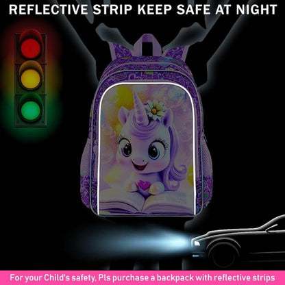 WZLVO 3PCS Unicorn Backpack, 16" Glittery UV Printing Girls Bookbag/School Bag with Lunch Box & Pencil Bag for Preschool to Elementary - Reading Unicorn Purple