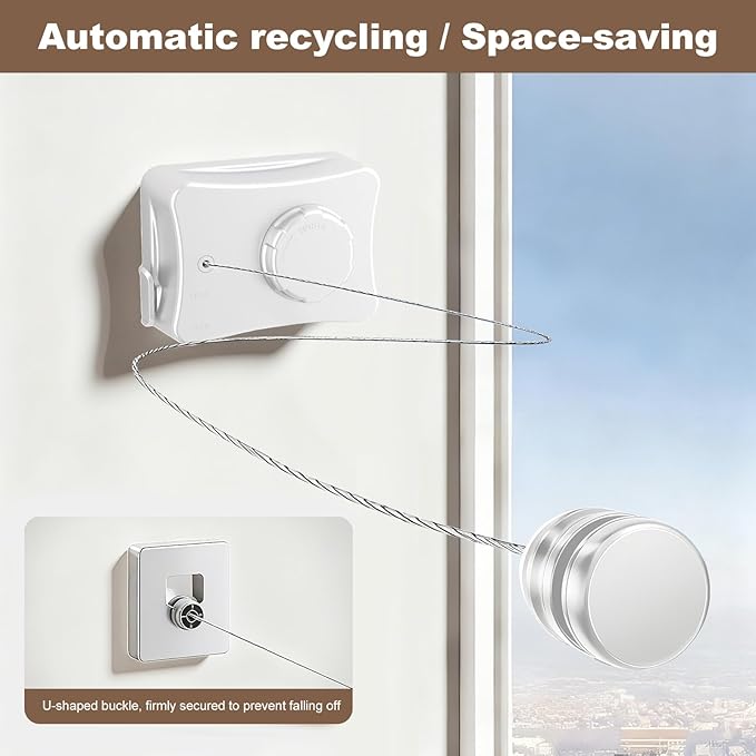 Retractable Clothesline for Outdoor & Indoor Use, 16.73 Ft Heavy Duty Retracting Clothes Line with Single Stainless Steel Rope - Laundry Drying Rack for Bathroom, Outside Areas (White)