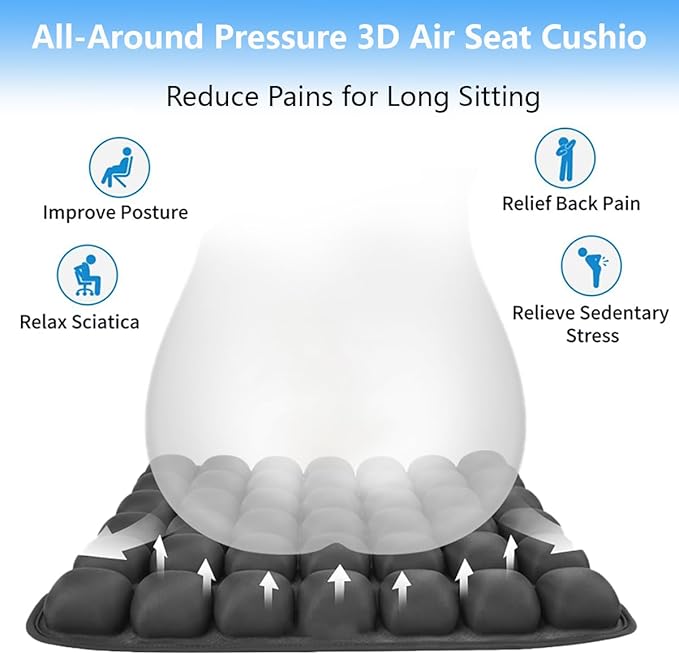 Travel Cushion, Comfortable 3D Air Cell Seat Cushion, Portable and Adjustable Air Inflatable Pressure Relief Seat Cushion for Car,Office Chair,Wheelchair and Tailbone Pain Relief