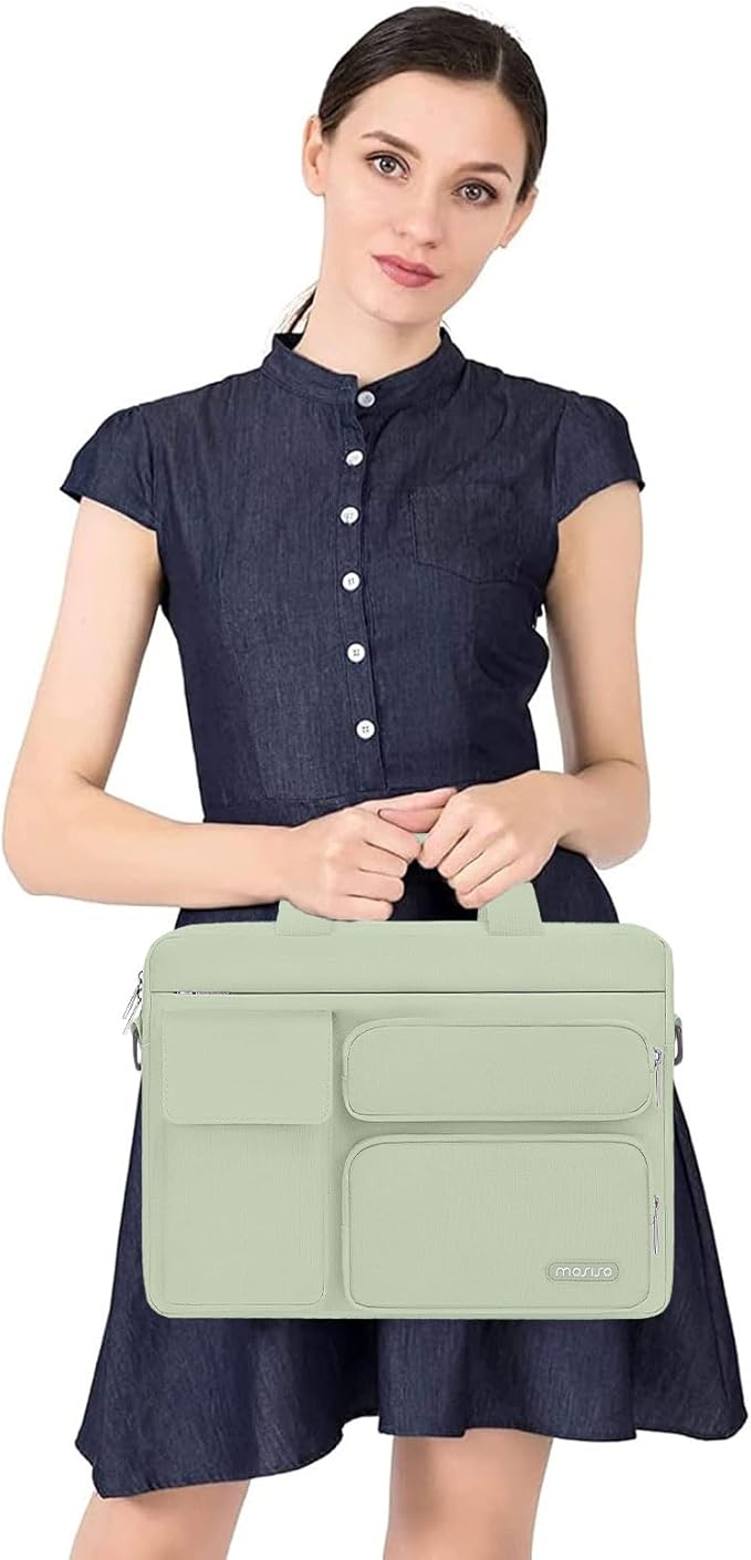 MOSISO Laptop Shoulder Bag 13.3 inch, 13-14 inch Computer Bag Compatible with MacBook Air/Pro 13 / Pro 14, HP Dell ASUS Lenovo with 2 Raised&1 Flapover&1 Horizontal Pocket&Handle&Belt, Sage Green