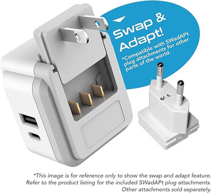Ceptics Germany, Korea Travel Plug Adapter Set, 20W PD & QC, Safe Dual USB & USB-C - 2 USA Socket - Use in Schuko, France, Russia, Netherlands - Includes Type E/F SWadAPt Attachments