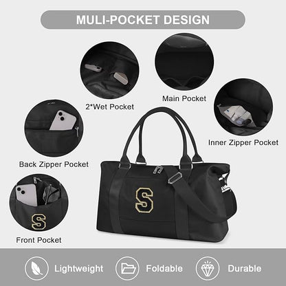 Dance Gym Duffel Bag for Teen Girls, Personalized Initial Travel Weekender Bag,Cute Overnight Carry On Duffle for Women,Sports Travel Cheer Bag,Monogram Christmas Gifts for Tween Preppy(black-S)