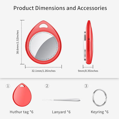 Air Tracker Tags 6 Pack Red, 5.3 Bluetooth Tracker Work with Apple Find My (iOS Only), 100dB Sound, Smart Tag with Keychain/Lanyard, Item Finder for Luggage/Key/Suitcase, Replaceable Battery