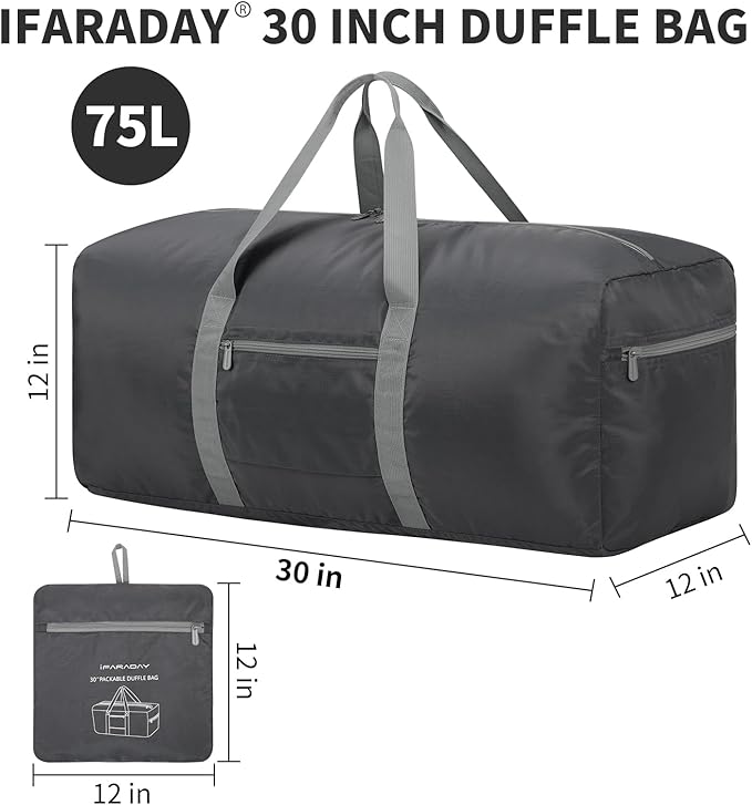 Foldable Duffle Bag for Travel - 75L Large Spare Travel Duffel Bag Lightweight with Trolley Sleeve - Grey