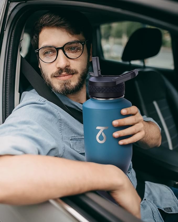 Trebo 40 oz Water Bottle Insulated Fit in Any Car Cup Holder,Triple Wall Vacuum Insulated Water Bottle (Cold for 48 Hrs, Hot for 24 Hrs),Leakproof Stainless Steel Tumbler Flask with Paracord Handle
