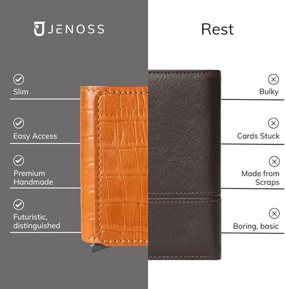 Jenoss Smart Wallet For Men: Full Grain Leather, Handcrafted, Slide Metal Pop Up Case, Slim RFID Blocking Credit Card Holder, Minimalist, Compact - 6-8 Cards Organizers, Front Pocket (Light Brown)