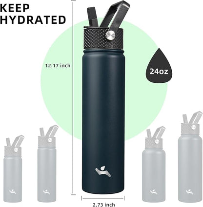 Insulated Water Bottle 24oz Stainless Steel Sport Bottles with 3 Lids,Navy Blue
