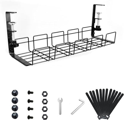 Under Desk Cable Management Tray No Drill 2pack Kit- 15.7'' Long 5.1'' Wide Tray, Steel Cord Organizers, 4 Cable Holder, 12 Roll Cable Organizer Straps, No Drill, No Damage to Desk(Black)