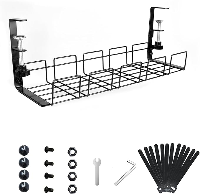 Under Desk Cable Management Tray No Drill - 15.7'' Long 5.1'' Wide Workspace Organizers, Steel Cord Organizers, 4 Cable Holder, 12 Roll Cable Organizer Straps, No Drill, No Damage to Desk(Black)