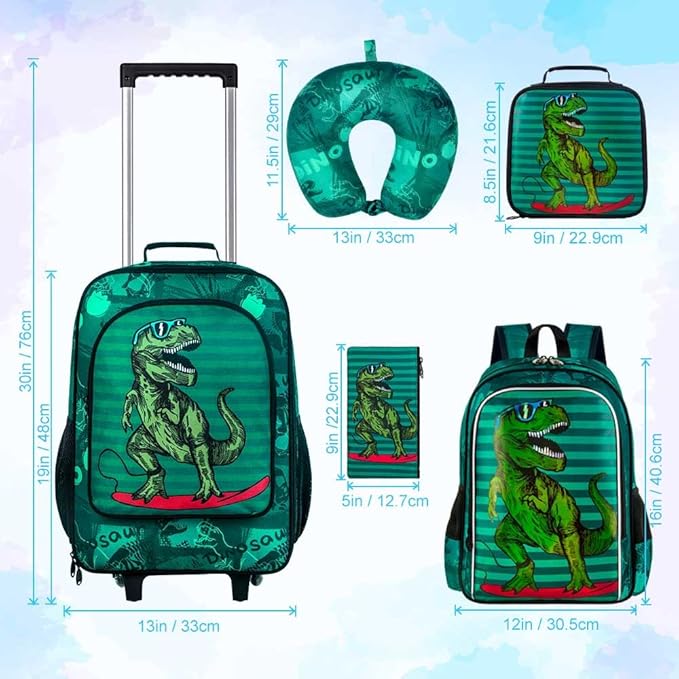AGSDON 5 Piece Kids Luggage Set for Boys, Cute Rolling Wheels Suitcase for Toddler, Children Travel Carry on Suitcase-Dinosaur