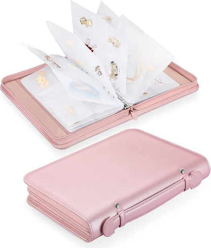 Jewelry Travel Organizer Case, PU Leather Portable Jewelry Storage Book with Transparent Pockets Zipper Bag for Necklaces, Earrings, Bracelets(48 Grids+48 Thicken PVC Bags), Rose Gold