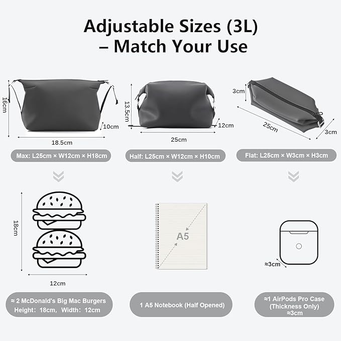 Vomgomfom 6L 13 Inch Silicone Toiletry Bag, Waterproof Leakproof Travel Cosmetic Organizer, Adjustable G-Buckle Compression Dopp Kit, Foldable Makeup Bag for Women & Men (Grey, 6.5”3L)