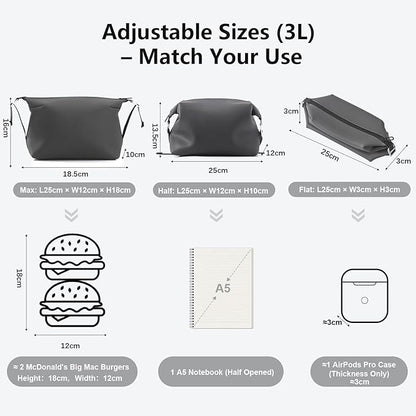 Vomgomfom 6L 13 Inch Silicone Toiletry Bag, Waterproof Leakproof Travel Cosmetic Organizer, Adjustable G-Buckle Compression Dopp Kit, Foldable Makeup Bag for Women & Men (Grey, 6.5”3L)