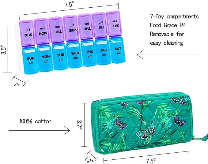 Weekly 7 Day Pill Organizer Case 2 Times a Day (AM/PM), Large Portable Pill Box 7 Day for Vitamin Medicine, Pill Case with Quilted Fabric Zipper Cute Bag for Travel or Daily