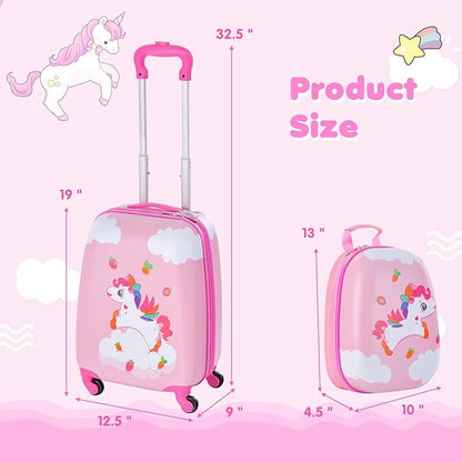 BABY JOY 2 Pcs Kids Luggage Set, 16" Toddlers Carry-on Suitcase & 12" Backpack Set, Children Travelling Case w/ 4 Casters, Retractable Handle, Lightweight Trolley Case for Girls Boys (Cloud Pony)