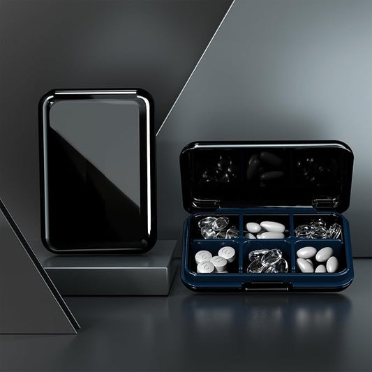 Pill Box Waterproof Travel Pill Case Portable Daily Pill Container Pill Holder Purse 6 Compartments Pocket Compact Medicine Organizer for Vitamin,Fish Oils,Supplements,Medication (Large Black)