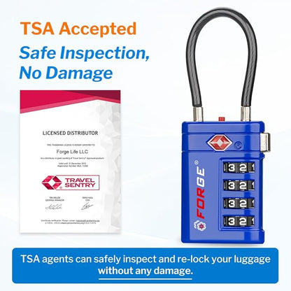 Forge TSA Approved Luggage Locks 4 Digit Combination TSA Travel Locks with TSA008, Open Alert Indicator, Zinc Alloy Body for Luggage, Suitcase, Backpack, and More. Blue 2 Locks.