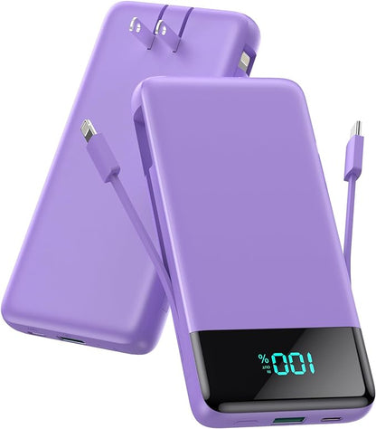 Portable Charger for iPhone with Built in Cables and Wall Plug,Upgraded 13800mAh Fast Charging USB C Power Bank,4 Outputs Travel Essential Battery Pack Compatible with iPhone 15/14/13,Samsung-Purple