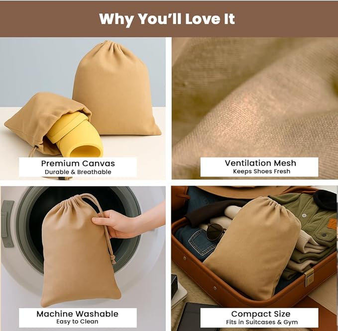 LFH Cotton Rich Shoe Storage Bags with Drawstring, Dustproof Breathable Reusable Organizer, Perfect For Travel, Dorm, Hotel, College, Gym, Easy to Carry, Machine Washable 12"x17" (Pack of 2) - Beige