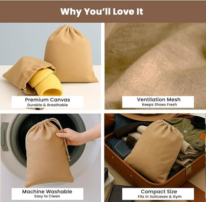 LFH Cotton Rich Shoe Storage Bags with Drawstring, Dustproof Breathable Reusable Organizer, Perfect For Travel, Dorm, Hotel, College, Gym, Easy to Carry, Machine Washable 12"x17" (Pack of 6) - Beige
