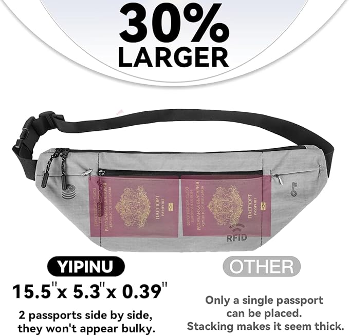 Travel Money Belt for Men and Women hidden slim passport holder - travel wallet with RFID blocking under clothes to protect Cash, Credit Cards and Documents (GRAY)