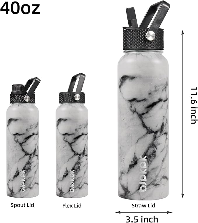 BJPKPK Insulated Water Bottles with Straw Lid, 40oz Stainless Steel Water Bottles with 3 Lids, BPA Free Leakproof Thermo, Tumblers, Cups for Sports, Gym-Carrara Marble