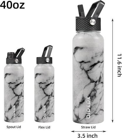 BJPKPK Insulated Water Bottles with Straw Lid, 40oz Stainless Steel Water Bottles with 3 Lids, BPA Free Leakproof Thermo, Tumblers, Cups for Sports, Gym-Carrara Marble