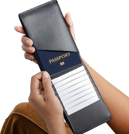 Leather Travel Wallet RFID - Slim Passport Holder for Men & Women - Fits Passport, Cards, SIMs, Pen & Boarding Pass - Secure Travel Document Organizer (Black)