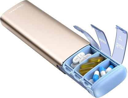Vaydeer Metal Travel Pill Organizer – Compact Weekly Pill Box for Daily Medication – Portable Small Pill Case for Vitamins, Pills & Supplements (Champagne)