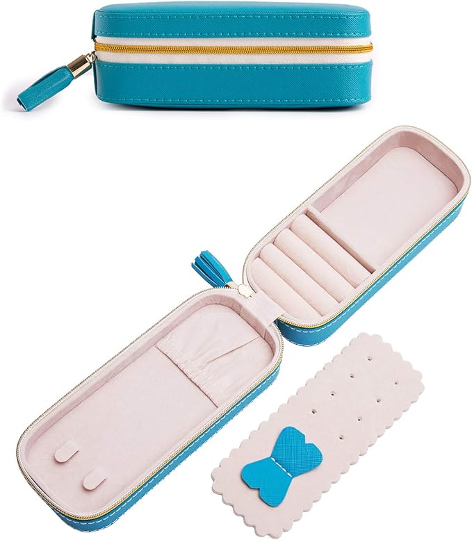 BONNY DODO Small Travel Jewelry Organizers Box for women with PU Leather Portable Mini Jewelry Case with compartments for Necklace Rings Earrings,Luxury Giftable boxes. (Blue green, S)