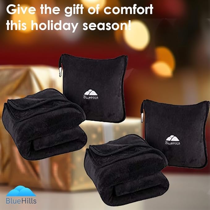 BlueHills 2-Pack Premium Soft Travel Blanket Pillow Airplane Blanket for Two in Soft Bag Pillowcase with Hand Luggage Belt and Backpack Clip, Compact Pack Large Blankets for Travel (Black T014)