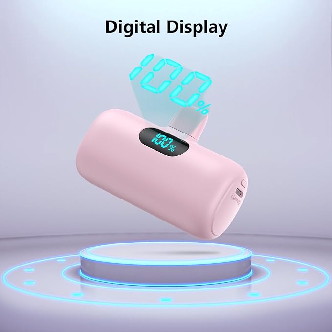 Mini Portable Charger for iPhone,Upgraded 5000mAh PD Fast Charging Battery Pack,LCD Display Cute Power Bank Portable Phone Charger for iPhone 14/14 Pro Max/13/13 Pro/12 Pro/11/XS/XR/X/8/7/6-Pink