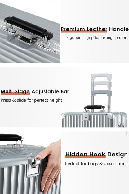 24 Inch Hardside Checked Luggage with Leather Handle, PC Zipperless Suitcase with Spinner Wheels and TSA Locks, Lightweight Checked Luggage for Travel, Silver