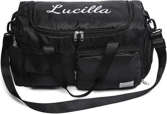 Personalized Duffel Bag Custom Sport Gym Travel Bags Embroidered Name Text Customized Dry Wet Separated Weekend Waterproof Bag for Women Men (B-Black)