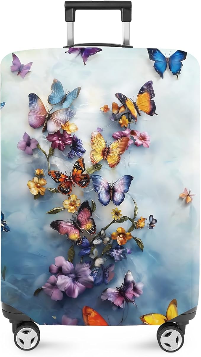 ANNA QUEEN Butterflies & Flowers Luggage Cover, Stunning Floral Butterfly Design, Stretchable, Washable Travel Sleeve for 20-34 Inch Luggage