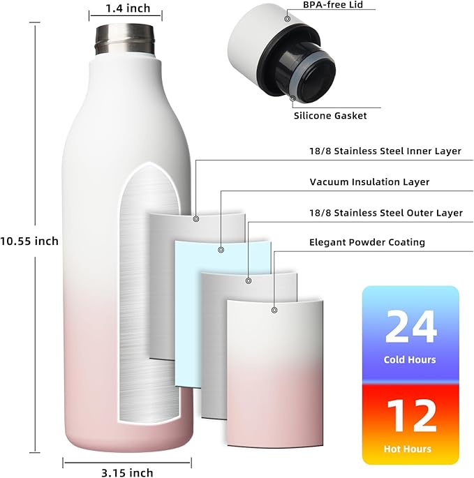 BJPKPK Insulated Water Bottles, 25 oz Stainless Steel Metal Water Bottle with Strap, BPA Free Leak Proof Jugs, Mugs, Flasks, Reusable Thermal Flasks for Sports & Travel, Graceful Pink