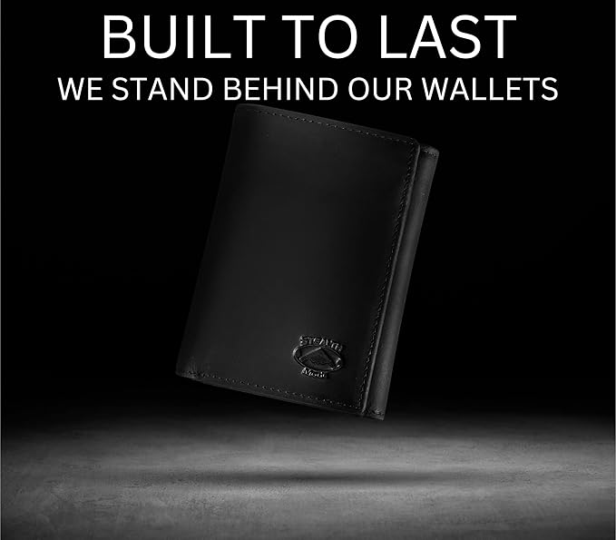 Stealth Mode Trifold Leather Wallet for Men with ID Holder and RFID Blocking (Black)