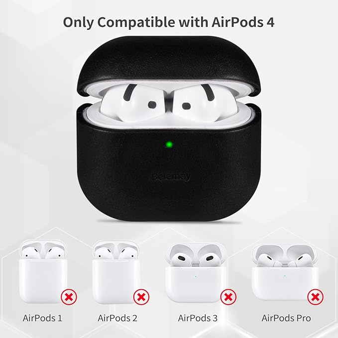Belemay for AirPods 4 Case, Compatible with MagSafe, Luxury Full-Grain Vegetable-Tanned Smooth Leather, Unique Patina, Comfort Grip, Compatible with AirPods 4th Generation Case (2024) (USB-C), Black