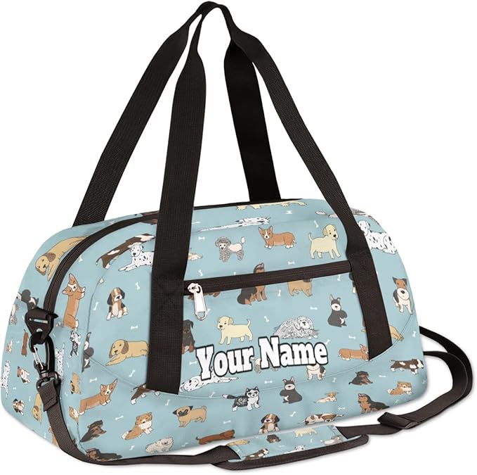 Custom Your Name Bones Dog Animal Pattern Personalized Text Gym Duffle Bag for Kids,Sports Bag for Teens Boys & Girls Small Waterproof Overnight Weekender Carry School Practice Travel Bag